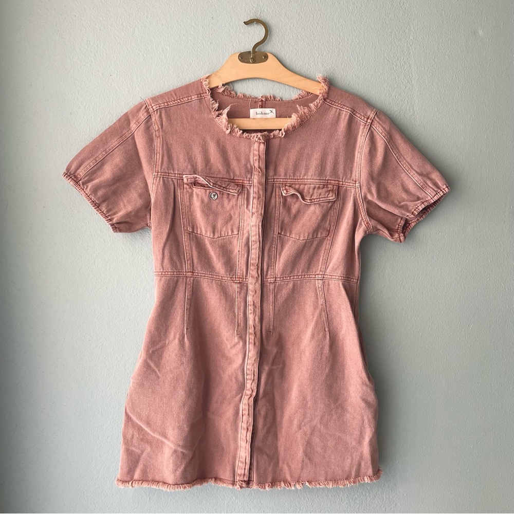 🌱5/$25🌱 Böhme | Pink Blush Denim Raw-Hem Snap-Up Mini Dress